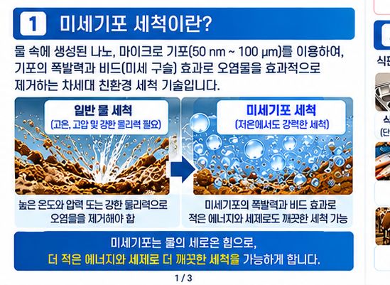 일반 물 세척과 미세기포 세척의 오염물 제거 방식 비교 도식